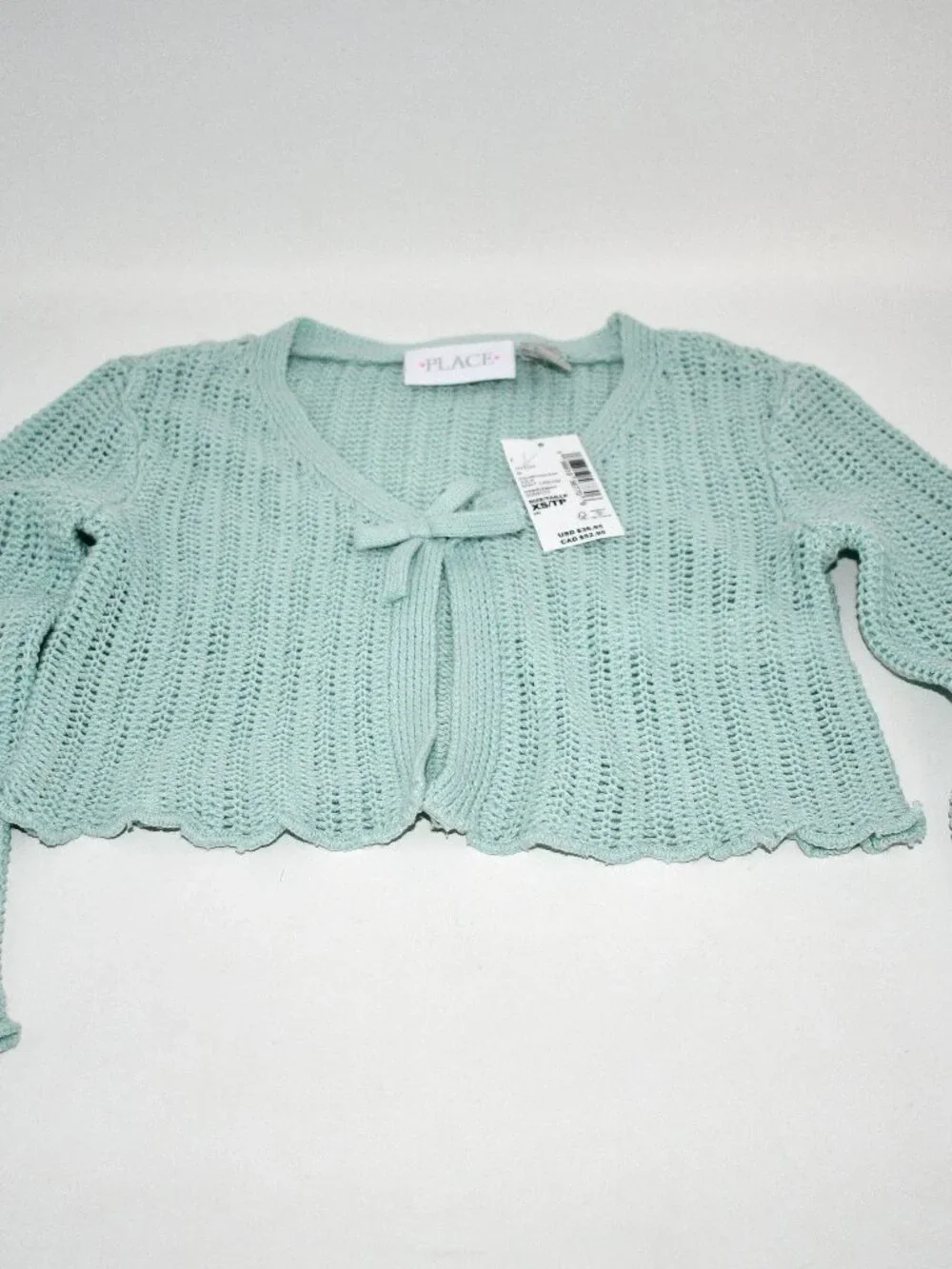 The Children's Place Girls' Mint Green Bell Sleeve, Tie Front Cardigan XS-4 NWT